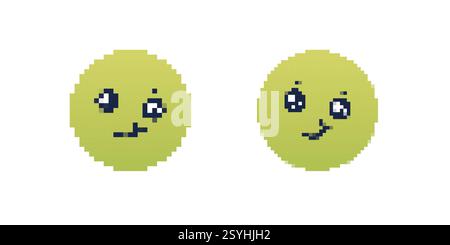 Graziosi pixel sorridenti con occhiolino e occhi larghi di colore verde brillante Illustrazione Vettoriale