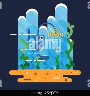 La scena subacquea illustra un pesce giocoso che esplora il suo ambiente tra piante colorate e bolle, creando un'atmosfera vivace in un rifugio oceanico Illustrazione Vettoriale