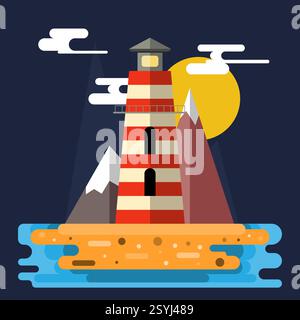 Un faro vibrante torreggia su un'isola rocciosa con montagne innevate sullo sfondo. Il sole dorato tramonta, con tonalità calde sul mare calmo A. Illustrazione Vettoriale