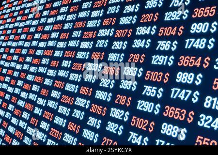 Dati finanziari, numeri, dati, statistiche, rapporti aziendali. Schermata periferica con foglio di calcolo e numeri. Dati finanziari, ricerche di mercato, dati, statistiche, valuta, rapporto d'affari, pianificazione. Illustrazione 3D img numbers023s03 screen data Financial figures Foto Stock