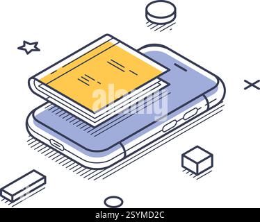 Smartphone con un libro che lo sorvola, simboleggiando l'istruzione online e l'apprendimento digitale. Ciò rappresenta le pratiche e le risorse educative moderne Illustrazione Vettoriale