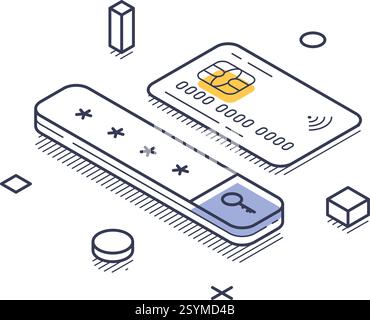 Concetto di protezione dei dati con un elemento sicuro, che indica una maggiore sicurezza nelle transazioni digitali. Moderna illustrazione vettoriale isometrica Illustrazione Vettoriale
