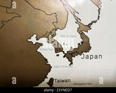 Rappresentazione geografica dell'Asia orientale con Giappone, Corea, Taiwan e mari adiacenti. Foto Stock