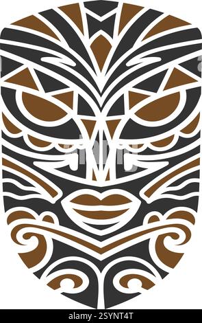 Design dettagliato del tatuaggio con maschera tribale con audaci motivi geometrici e ornamentali in nero e marrone, che simboleggiano la cultura, la forza e. Illustrazione Vettoriale