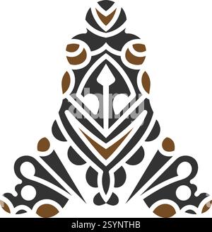 Intricato design tribale del tatuaggio con motivi geometrici e ornamentali audaci in nero e marrone, che simboleggiano la trasformazione, l'adattabilità e. Illustrazione Vettoriale