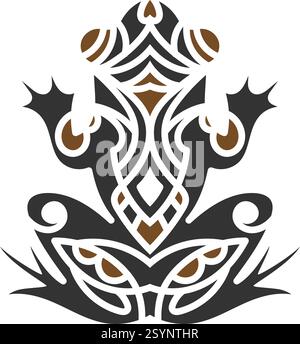 Tatuaggio di rana tribale stilizzato con intricati motivi geometrici e ornamentali in nero e marrone, che simboleggiano la trasformazione, l'adattabilità e. Illustrazione Vettoriale
