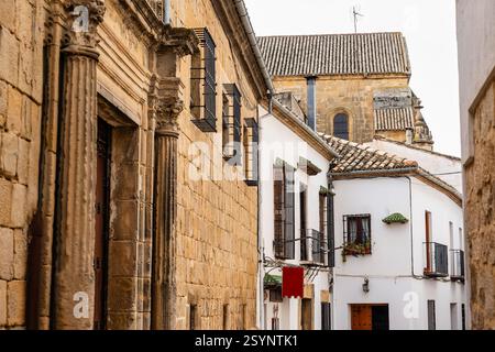 Pittoreschi vicoli stretti con edifici in pietra in stile medievale nella città di Ubeda, Jaen, patrimonio dell'umanità dell'UNESCO. Foto Stock