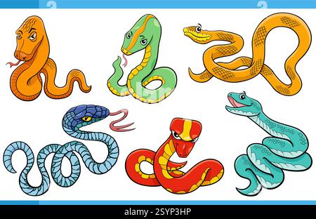 Illustrazione a cartoni animati di serpenti divertenti personaggi animati Illustrazione Vettoriale