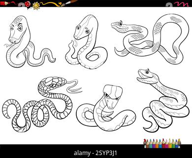 Illustrazione cartoni animati di serpenti divertenti personaggi animali selvatici Set colorare pagina Illustrazione Vettoriale