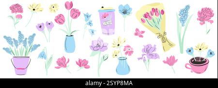 Colorato set di fiori primaverili disegnati a mano, tazze da caffè, vasi con fiori. Progettazione vettoriale. Illustrazione Vettoriale