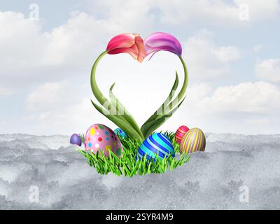 Il concetto d'amore della primavera di Pasqua e i tulipani fioriscono presto a forma di cuore dopo il tempo invernale con uova festive decorate e fiori di tulipani che fioriscono come una S. Foto Stock