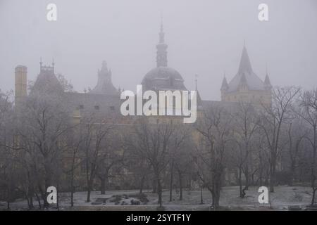 La facciata storica del castello di Vajdahunyad con la cupola e le torri medievali del palazzo si erge sulla neve in una nebbiosa giornata invernale a Budapest, Ungheria Foto Stock