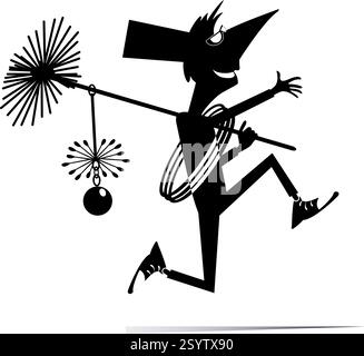 Spazzatrice per camini da cartoni animati. Divertente spazzatrice a camino in corsa nel cappello con una corda, una spazzola per camini e una scala. Illustrazione in bianco e nero Illustrazione Vettoriale