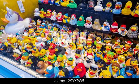 Amsterdam, Paesi Bassi - 3 dicembre 2024: Vetrina del negozio Mama Ducks. Negozio di souvenir sull'anatra alla gomma. Foto Stock