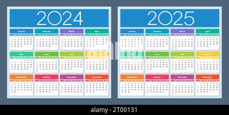 Calendario colorato per 2024 e 2025 anni. La settimana inizia la domenica. Illustrazione vettoriale isolata. Illustrazione Vettoriale