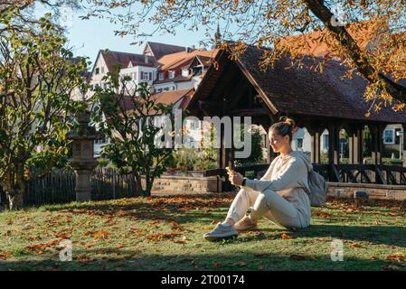 Giovane ragazza alla moda con smartphone nel parco in autunno seduta a sorridere. Giovane donna alla moda in autunno nel parco texting. Ritoccato, vivace co Foto Stock