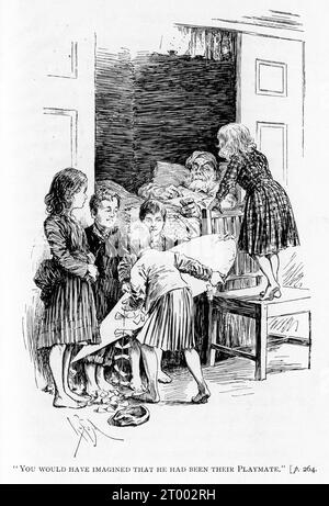 Scena dal libro di Ian Maclaren The Days of Auld Lang Syne, 1902, con bambini che giocano con un vecchio Foto Stock