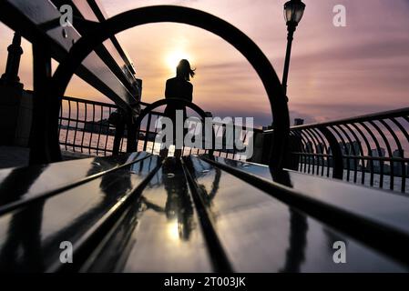 Silhouette di una giovane donna che guarda il tramonto da una panchina a Battery Park - Manhattan, New York City Foto Stock