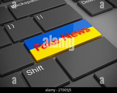 Un pulsante sulla tastiera con la bandiera Ucraina e l'iscrizione Fake News. Rendering 3D. Foto Stock