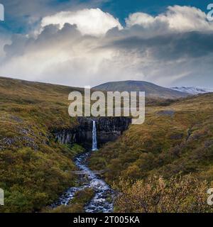 Pittoresca cascata Svartifoss (islandese per cascata nera, circondata da colonne di basalto di lava scura) vista autunno, Skaftafell Foto Stock