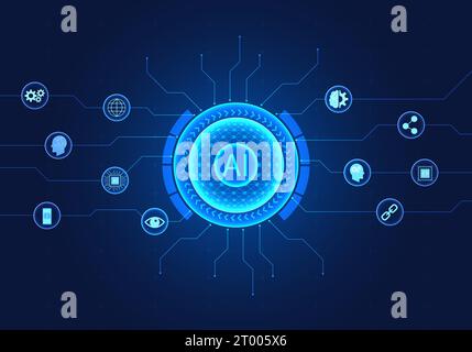 La tecnologia dell'intelligenza artificiale cerchia lo sfondo con icone della tecnologia intelligente significa tecnologia dell'intelligenza artificiale che aiuta gli esseri umani in busi Illustrazione Vettoriale