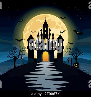 Sfondo horror della scena di Halloween con le terribili zucche della spaventosa dimora stregata di halloween notte di casa del male con luna piena e illustrazione vettoriale Illustrazione Vettoriale