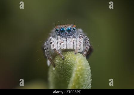 Maschio Peacock ragno, Maratus speciosus (The Coastal Peacock Spider) mostra per una femmina Foto Stock