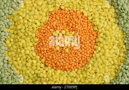 alimenti di base come lenticchie nei colori verde, rosso, arancione, giallo per i ristoranti vegetariani vegani o per il commercio di prodotti a base di cereali. cerchio Foto Stock