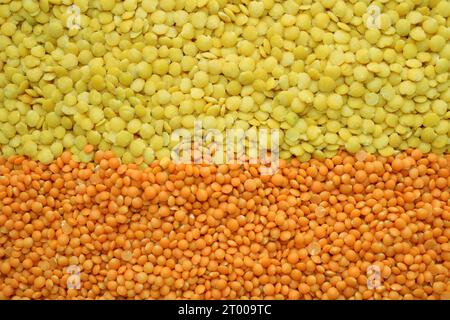 alimenti di base come lenticchie nei colori verde, rosso, arancione, giallo per i ristoranti vegetariani vegani o per il commercio di prodotti a base di cereali. strisce Foto Stock