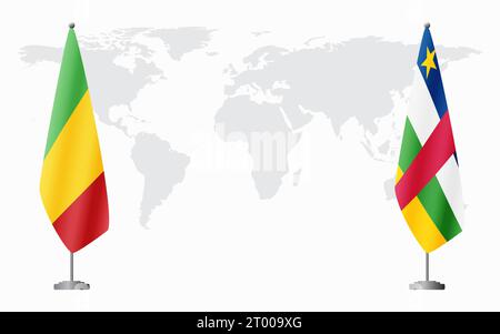 Bandiere del Mali e della Repubblica Centrafricana per un incontro ufficiale sullo sfondo della mappa mondiale. Illustrazione Vettoriale