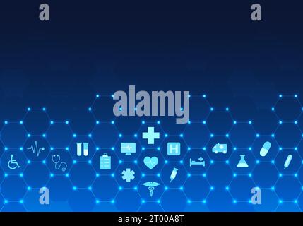 Background tecnologia medica intelligente che raccoglie informazioni mediche, farmaci e medici che consente ai pazienti di accedere rapidamente al trattamento e di uscire Illustrazione Vettoriale