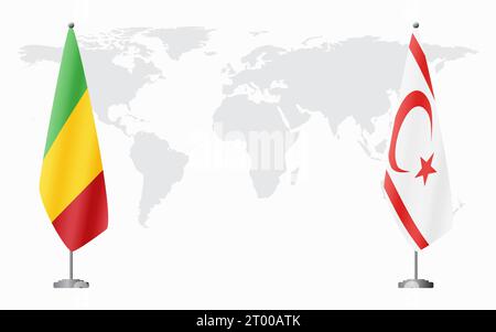 Il Mali e la Repubblica turca di Cipro del Nord bandiere per un incontro ufficiale sullo sfondo della mappa mondiale. Illustrazione Vettoriale