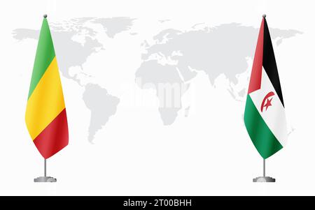 Il Mali e la Repubblica Democratica Araba Sahrawi bandiere per un incontro ufficiale sullo sfondo della mappa mondiale. Illustrazione Vettoriale