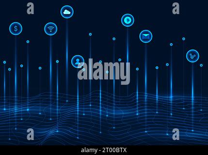 Sfondo astratto tecnologia intelligente connessione wireless e trasmissione dati nel mondo informatico agli utenti di Internet utilizzano le linee WAVE per connettersi. Illustrazione Vettoriale