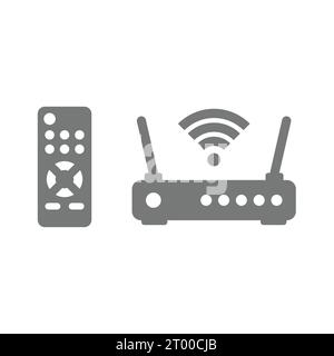 Icone del servizio TV e del provider di servizi Internet. Telecomando e router, wi fi, connessione wireless e set di icone del televisore. Illustrazione Vettoriale
