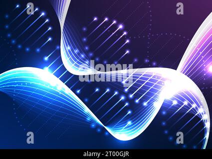 Background tecnologico medicale a tema DNA con fili illuminati, che evidenziano i progressi tecnologici della medicina moderna e mostrano l'interconnessione Illustrazione Vettoriale