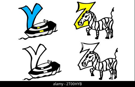 Alfabeto colorato dipinto a mano con animali, imparare lettere abc, scrivere, leggere in tedesco e in inglese: Apple inizia con A in entrambe le lingue Foto Stock