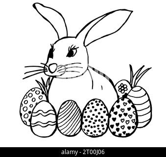 coniglio e sette uova di pasqua felici, coniglietto da disegno a mano per libri, biglietti per bambini e auguri di festa. pagina da colorare per bambini in età prescolare Foto Stock