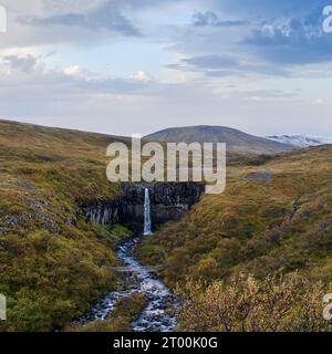 Pittoresca cascata Svartifoss (islandese per cascata nera, circondata da colonne di basalto di lava scura) vista autunno, Skaftafell Foto Stock