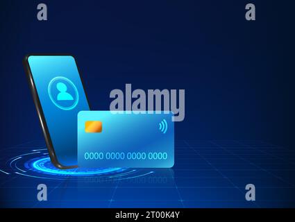 Tecnologia per smartphone con carta di credito posta davanti allo schermo del telefono cellulare tecnologia per smartphone che può pagare i prodotti online tramite l'Int Illustrazione Vettoriale