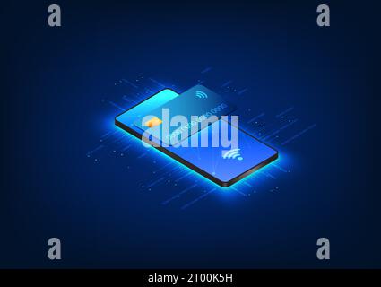 Tecnologia smartphone con una carta di credito posizionata sopra lo schermo mobile la tecnologia smartphone può pagare i prodotti online tramite la rete Internet. a. Illustrazione Vettoriale