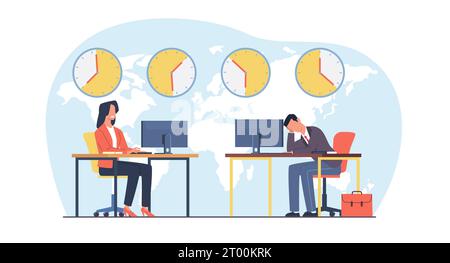 Concetto di tempo aziendale mondiale, i manager lavorano in filiali in fusi orari diversi. Affari internazionali. Orologi che mostrano il fuso orario locale. Rete globale Illustrazione Vettoriale