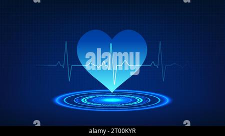 Cuore di tecnologia medica posto su cerchio tecnologico con onda cardiaca si riferisce alla tecnologia che misura il battito cardiaco di un paziente per diagnosticare Illustrazione Vettoriale