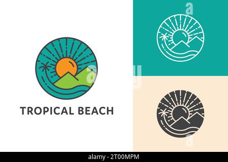 design con logo a emblema della spiaggia tropicale con palme, montagna, sole, mare, oceano e isola Illustrazione Vettoriale