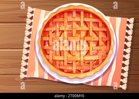 Torta di mele Homemde, crostata con vista superiore di zucchero a velo su un tavolo di legno, panetteria rotonda completa, dessert in stile cartone animato. Illustrazione vettoriale Illustrazione Vettoriale