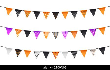 Pennant Long garland per le vacanze di Halloween con ornamenti natalizi. Bandiere triangolari bianche, nere, viola, arancioni e vettoriali isolate con teschi e ragni, zucche e cappelli da strega, puntini e strisce Illustrazione Vettoriale