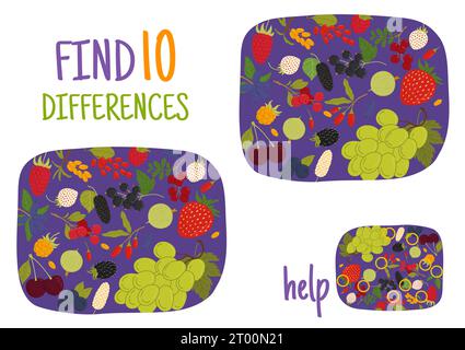 Scopri le differenze tra le bacche mature della foresta e del giardino. Foglio di lavoro del gioco vettoriale per bambini con gelso, fragola e mirtillo, uva, mora, ribes nero o spinoso marino, ciliegia e lampone Illustrazione Vettoriale