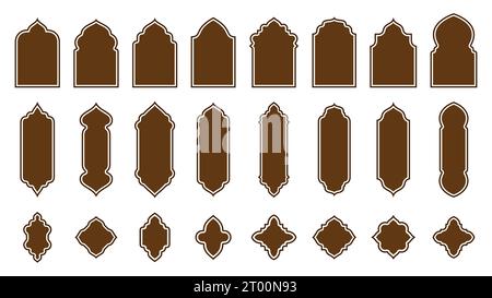 Finestre e porte di forma islamica. Serie vettoriale isolata di archi e porte della moschea araba. Elementi architettonici eleganti, icone per le vacanze musulmane Ramadan Kareem e Eid Mubarak. Telai portali marrone Illustrazione Vettoriale