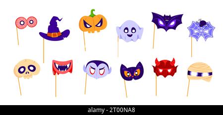 Maschere di Halloween con oggetti di scena. Set vettoriale isolato di cappello da strega e volto vampiro, mummia e zucca. Pipistrello, diavolo, cranio e bulbi oculari. Fantasma, ragno con ragnatela e gatto nero Illustrazione Vettoriale