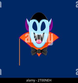 Cartoon Halloween Photo Booth maschera Dracula con oggetti di scena. Volto vampiro vettoriale isolato con zanne, pelle pallida, sorriso malizioso e mantello, pronto a trasformarti in una creatura notturna sanguinosa Illustrazione Vettoriale